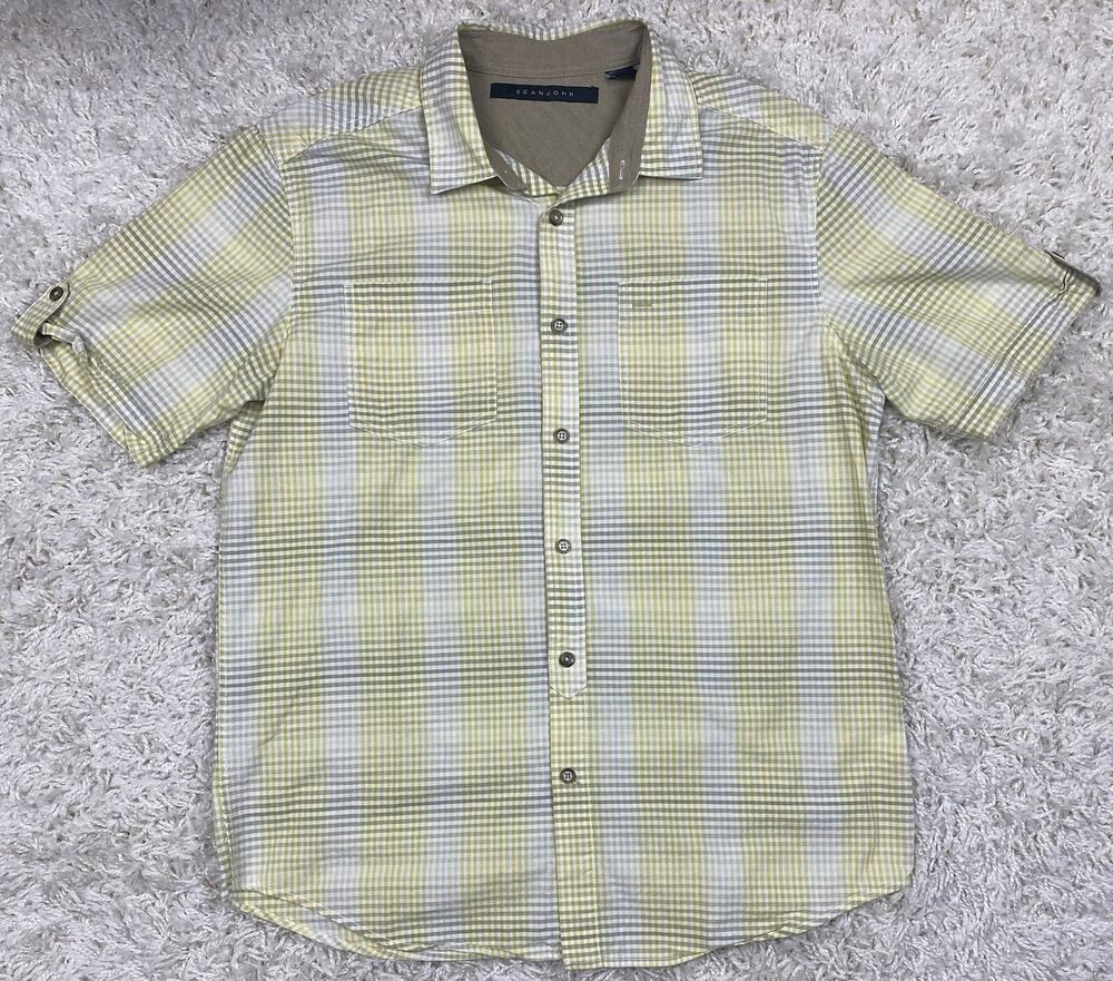Sean John Short Sleeve Button Up Shirt Men's L Yellow Gray Gingham Check